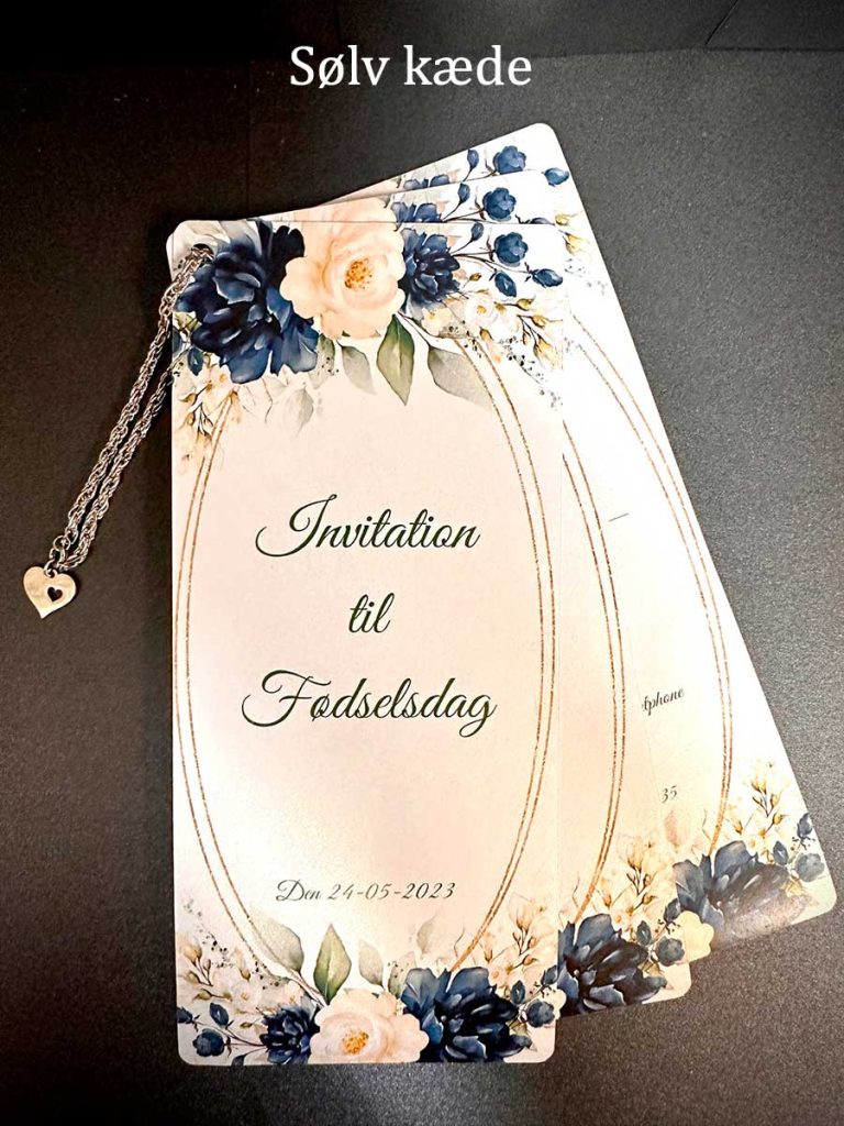 Invitation til fødselsdag Slim size Blå floral udgave uden billeder