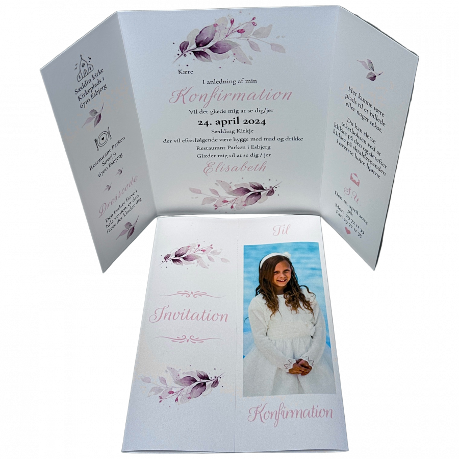 Invitation til konfirmation - Portefals-Gatefold - Rosa floral nr 2