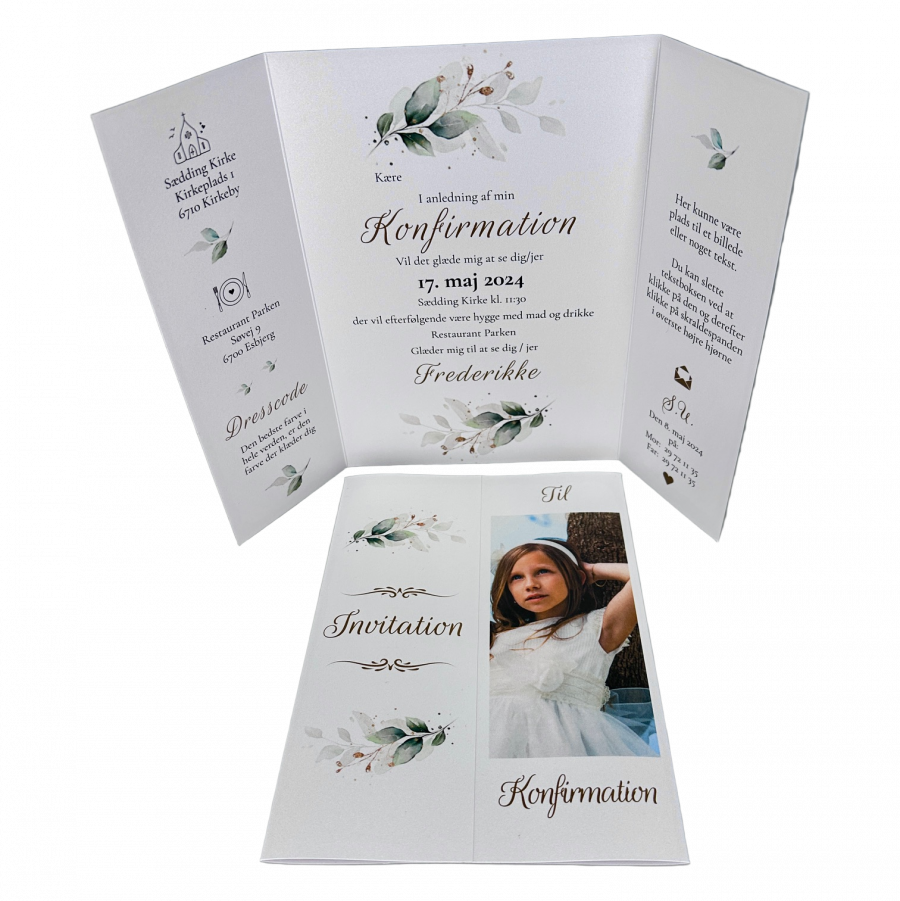 Invitation til konfirmation - Portefals-Gatefold - Grøn floral nr 2