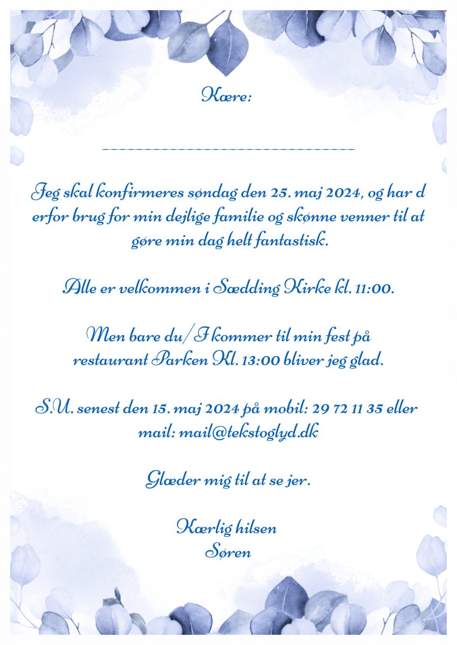 Invitation til konfirmation - Lamineret  - Blå floral