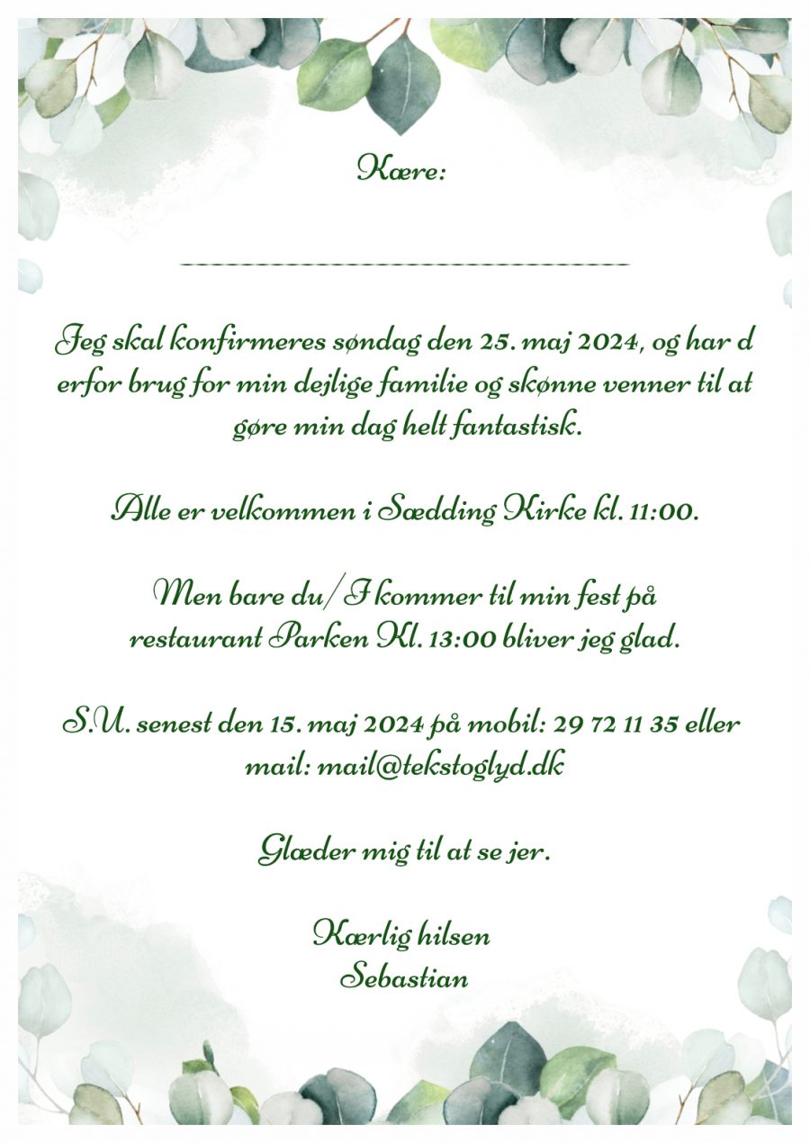 Invitation til konfirmation - Lamineret  - Grøn floral - Pige eller dreng