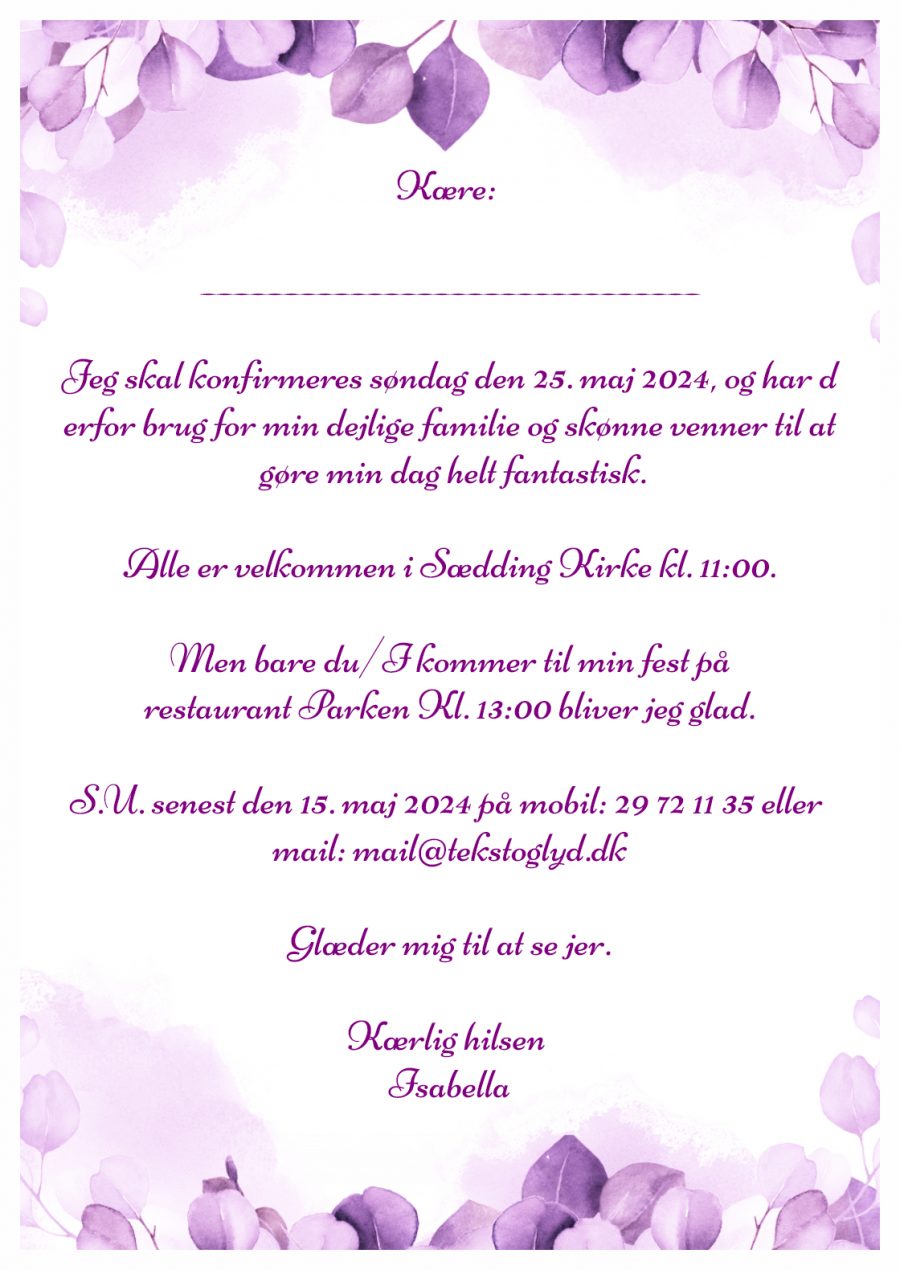 Invitation til konfirmation - Lamineret  - Lilla floral