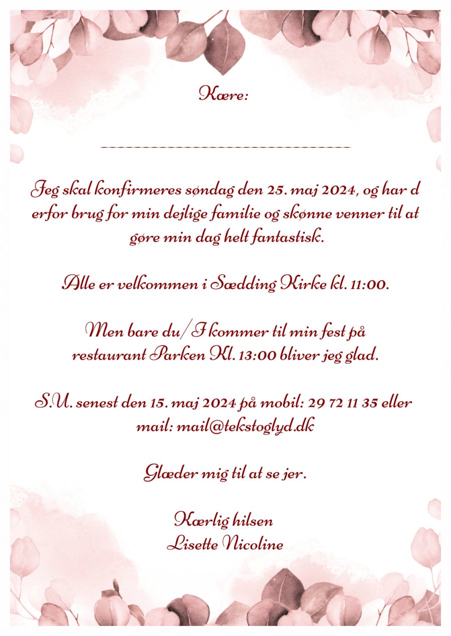 Invitation til konfirmation - Lamineret  - Rosa floral