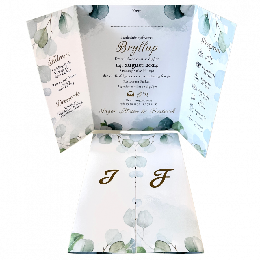 Invitation til bryllup - foldet A4 - Portefals-Gatefold - Eucalyptus blade - Image 3