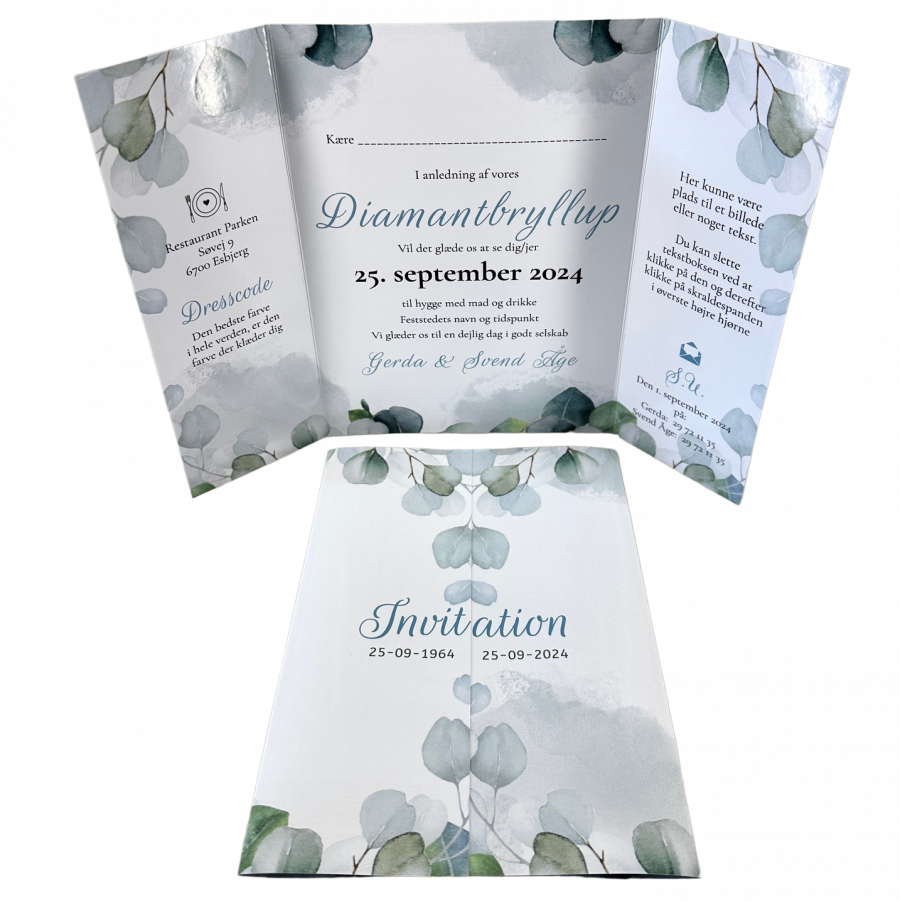 Invitation til diamantbryllup - foldet A4 - Portfals-Gatefold - Eucalyptus blade