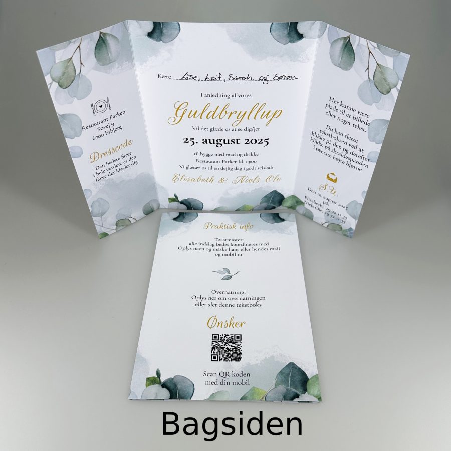 Invitation til guldbryllup - foldet A4 - Portfals-Gatefold - Eucalyptus blade - Image 2