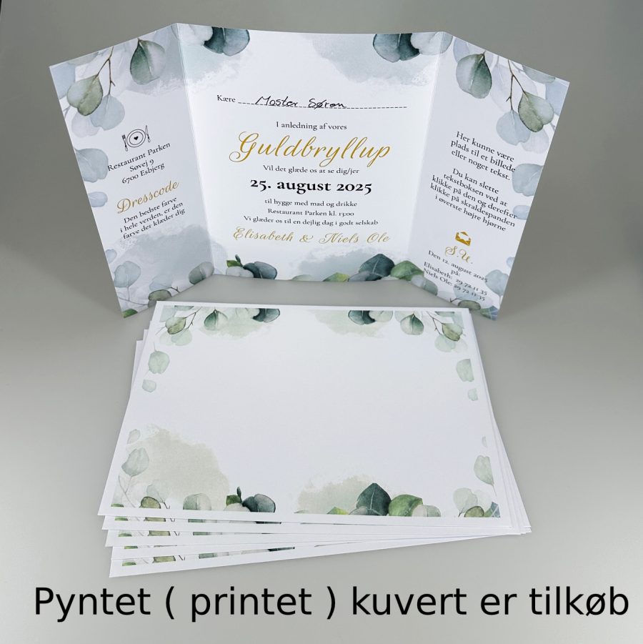 Invitation til guldbryllup - foldet A4 - Portfals-Gatefold - Eucalyptus blade - Image 4