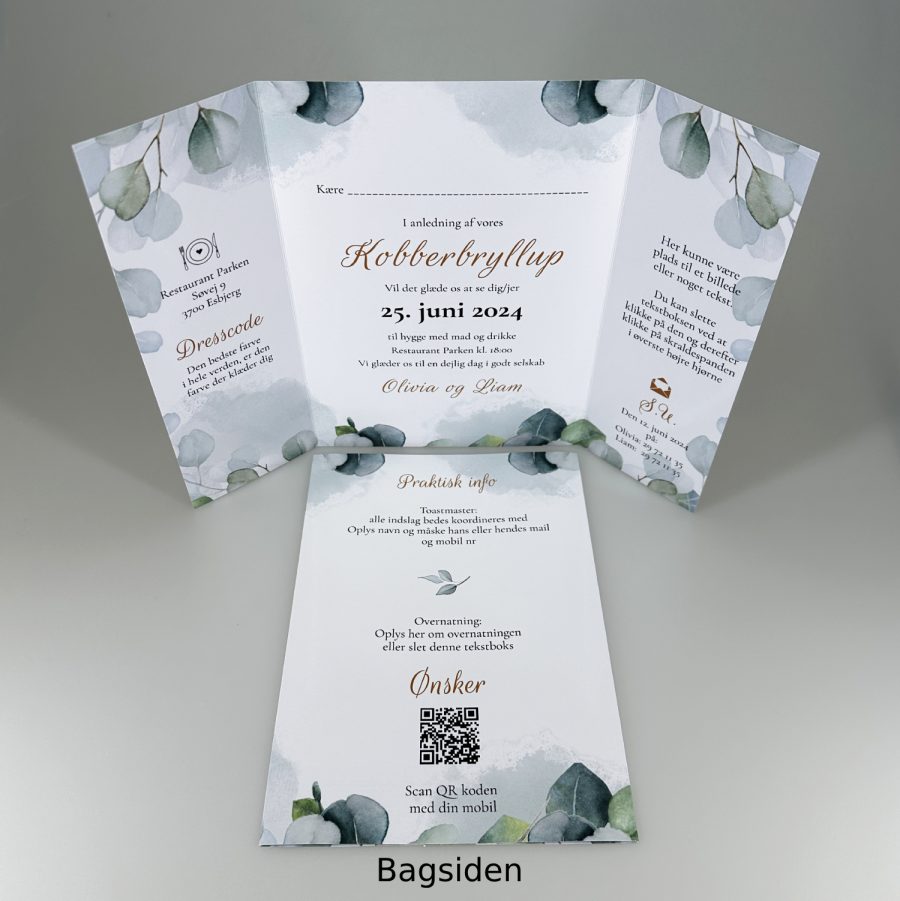 Invitation til kobberbryllup - foldet A4 - Portfals-Gatefold - Eucalyptus blade - Image 2