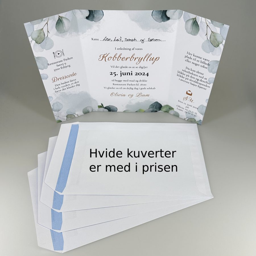 Invitation til kobberbryllup - foldet A4 - Portfals-Gatefold - Eucalyptus blade - Image 3