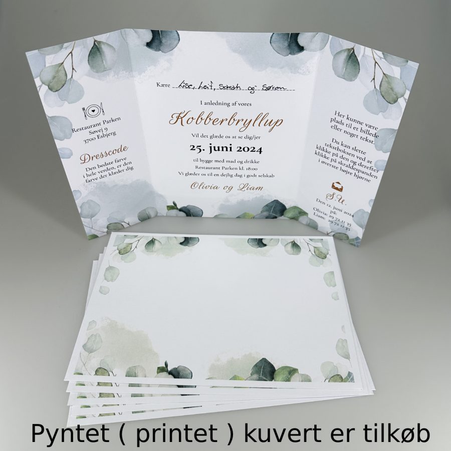 Invitation til kobberbryllup - foldet A4 - Portfals-Gatefold - Eucalyptus blade - Image 4